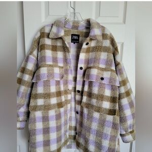 Zara Women's Checkered Teddy Jacket - Lavender and Khaki